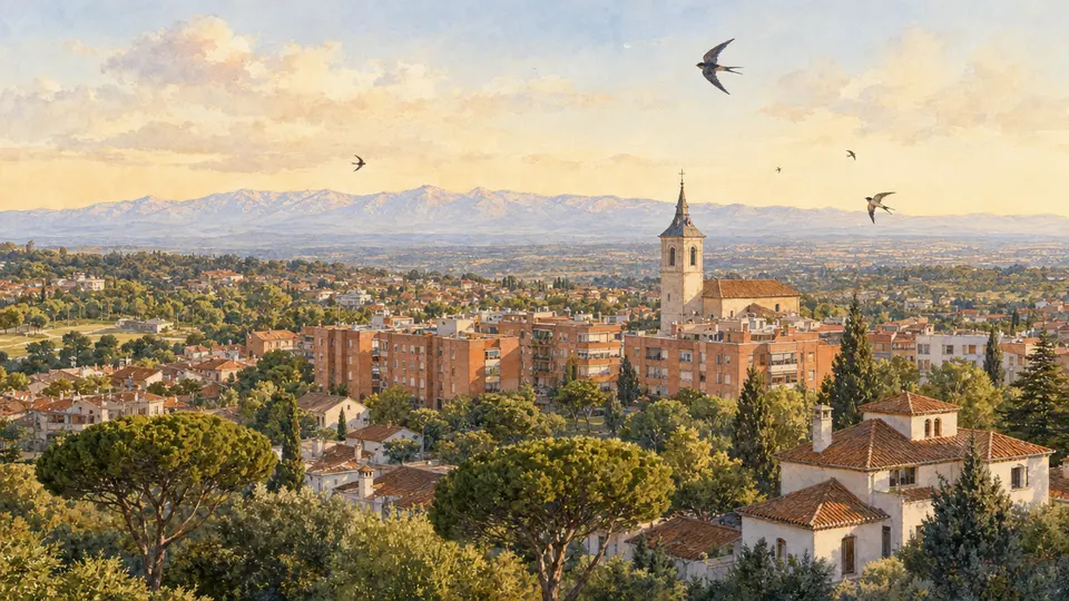 Ilustración de Majadahonda al atardecer con la sierra de Guadarrama al fondo