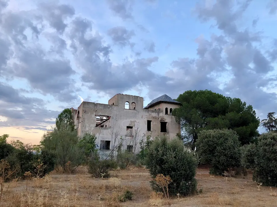 Restos de una casa entre encinas en el Monte del Pilar